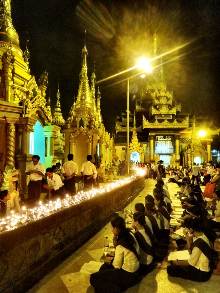 Shwedagon Pagoda Praying Yangoon Myanmar