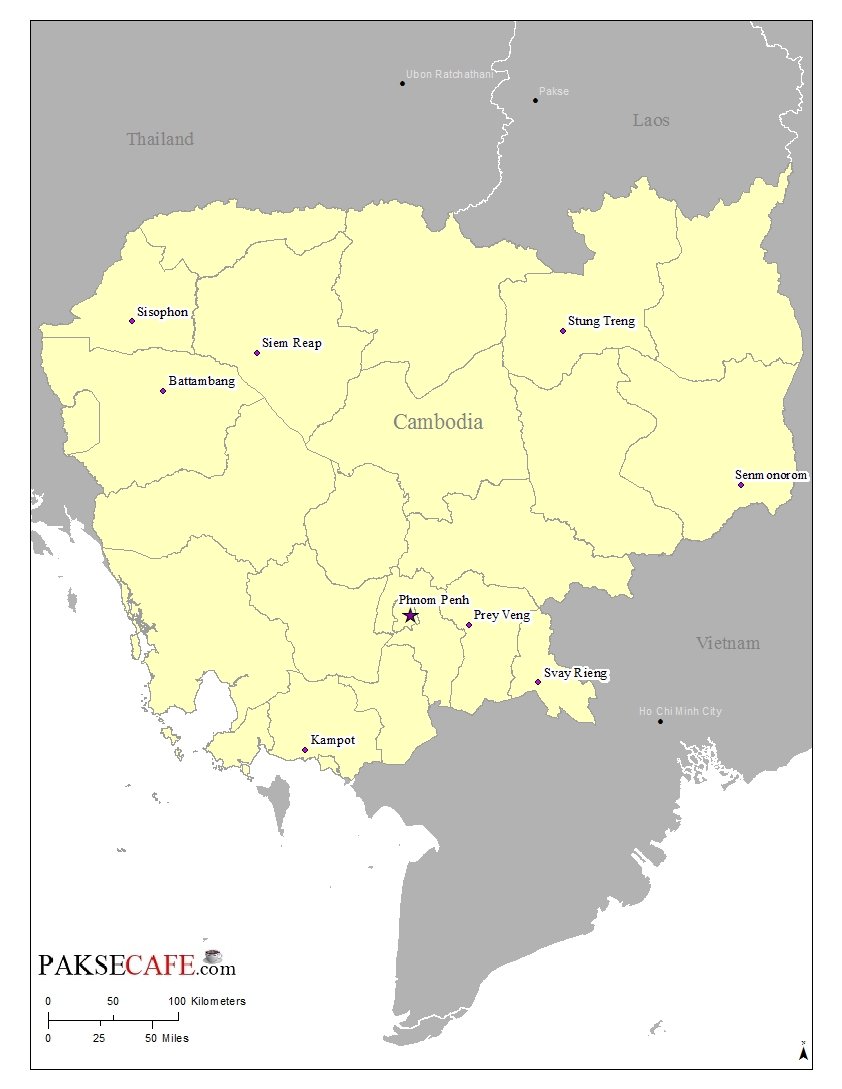 Cambodia and its major towns within SE Asia